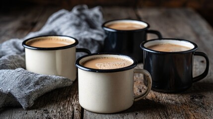 A black and cream enamel mugs filled with chai on a charcoal wood table, cozy afternoon feel,