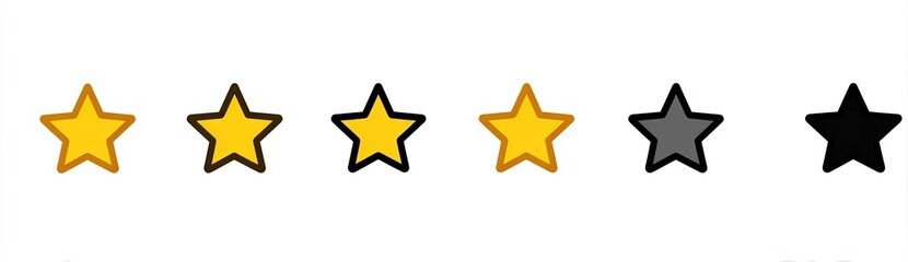 Five simple, filled and outlined, stars in varying shades of yellow and gray