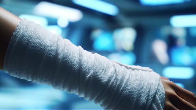 Close-up of a bandaged arm in a medical setting.
