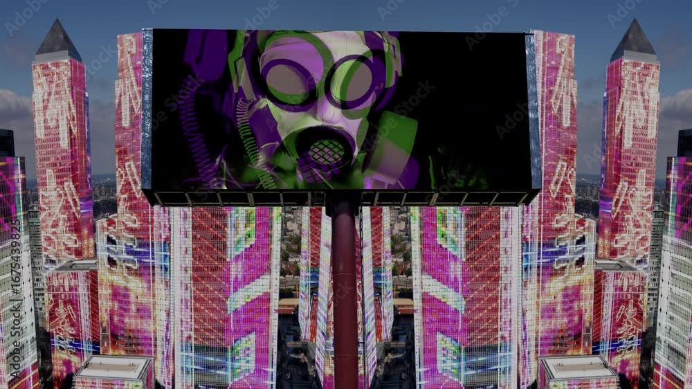 Poster city with overlayed code and data and billboard with computer hacker