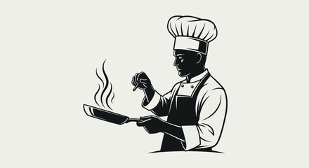 Illustration of a chef cooking with a frying pan and seasonings in a simple black and white style.
