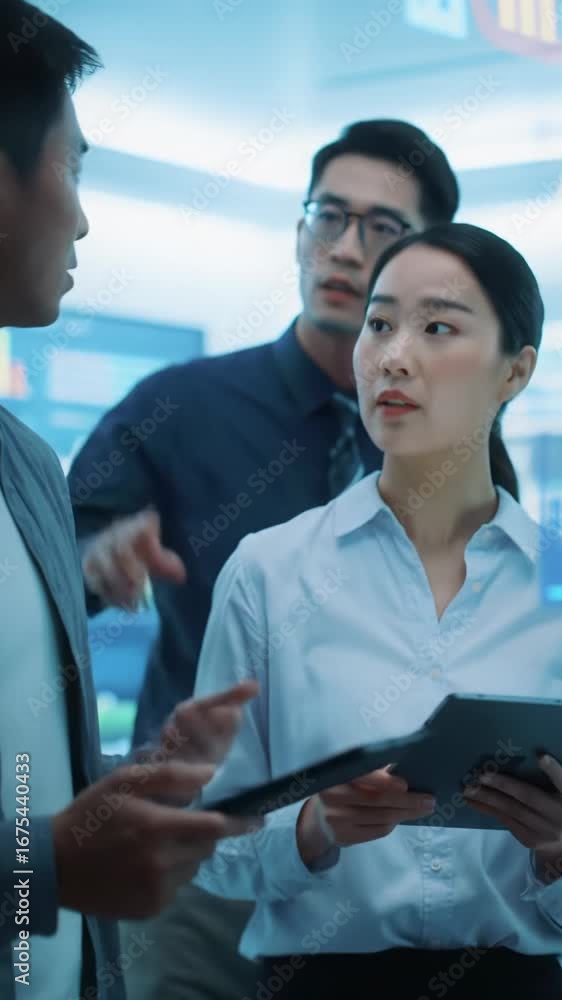 Aufkleber diverse professionals analyze data on futuristic led screen in modern tech workspace. smooth push-in
