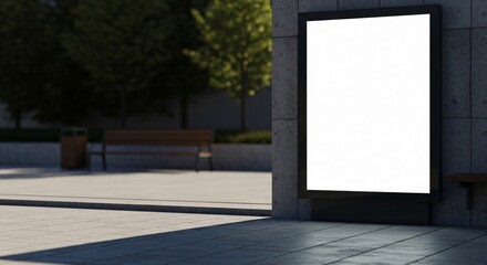 Blank Billboard in Urban Setting with Trees and Bench.