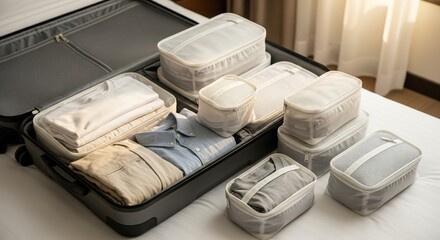 Organized packing of a suitcase with clothes in packing cubes.