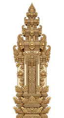 Intricately carved golden Balinese temple gate against white background
