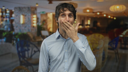 Man covers eyes with hands in a hotel building while wearing a lightblue shirt and standing by...