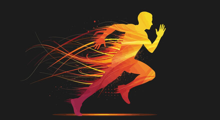 Motion blur illustration of a runner in orange and yellow hues on a dark background