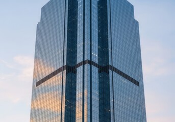 A striking low-angle, abstract view of a modern skyscraper made of glass and steel, with a bold dark line design.