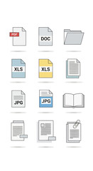 Flat lay of various file icons and documents on a white background