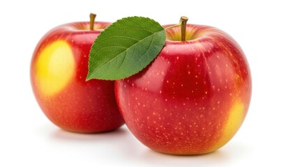 Two red apples with a green leaf isolated on white background