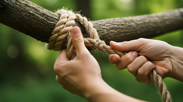 Hand tying rope knot on tree branch