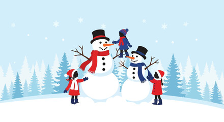 Illustration of children building snowmen in a snowy forest with a winter wonderland scene