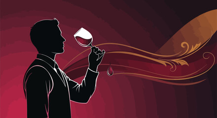 Silhouette of a man sipping wine against a red background with elegant swirls