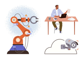 Robotic arm for manufacturing, professional analyzing data at desk, and cloud-based security camera. Ideal for automation, technology, cybersecurity, productivity, efficiency, monitoring innovation