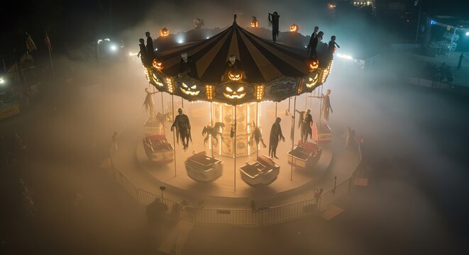 Eerie Halloween Carousel Ride at Nighttime Fairground Celebration