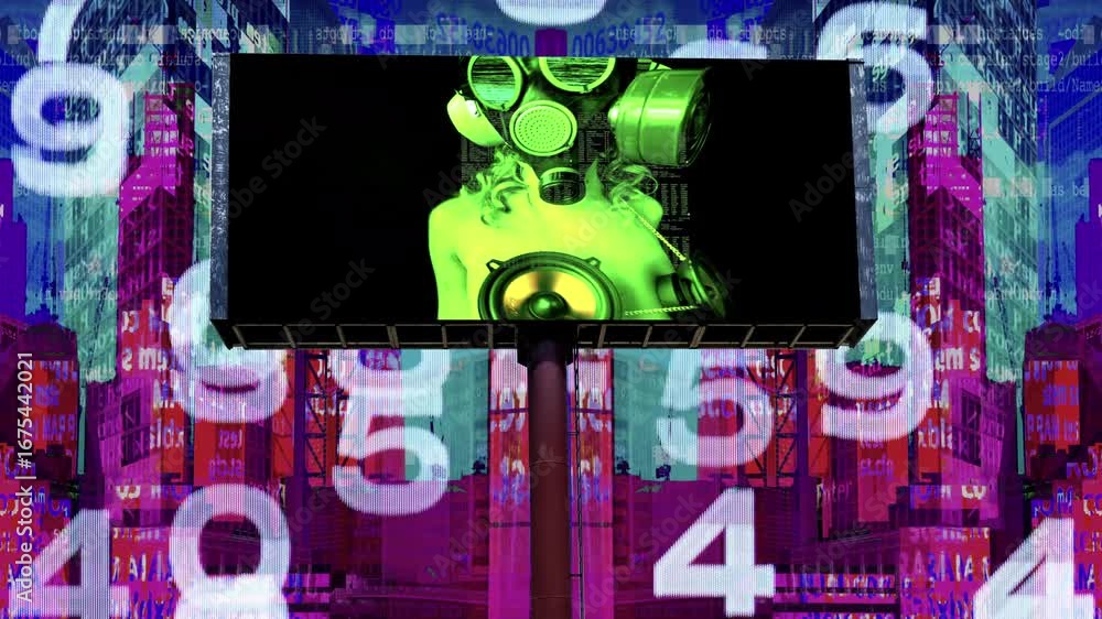 Aufkleber city with overlayed code and data and billboard with computer hacker