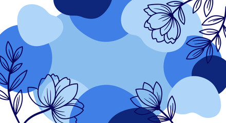 Elegant blue abstract background with organic shapes and delicate line art floral motifs, ideal for modern decorative designs and serene digital spaces