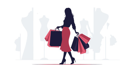 Vector illustration of a woman carrying multiple shopping bags in a stylized storefront background with mannequins.