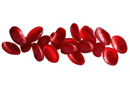 Blood drops arranged in an abstract formation on a transparent background highlighting their vivid red color and glossy texture