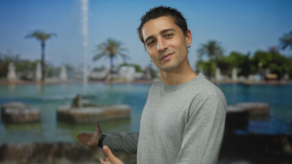 Hispanic man extends his arms backward wearing a gray sweater to present a stone fountain in a forest setting; confidence.