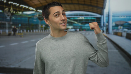 Young hispanic man pointing thumb behind in spacious airport terminal boarding area with glass...
