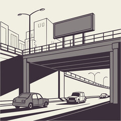 Grayscale City Highway Illustration with Cars and Birds