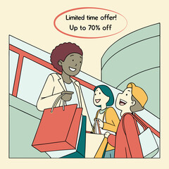 Happy Family Shopping with Bags on Escalator, Up to 70% Off Sale