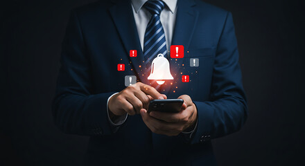 Businessman in suit using smartphone with digital notification alerts. Representing mobile communication technology reminders urgent updates and business information security