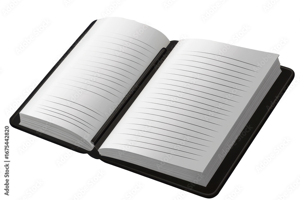 Poster versatile black lined notebook opened on a clean surface, showcasing blank pages ready for notes and