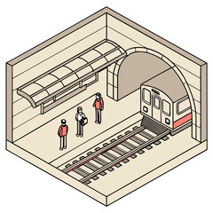Isometric Illustration of Subway Station with Passengers Waiting for Train