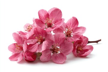 Close-up of a cluster of delicate, pink blossoms on a branch, against a pure white background