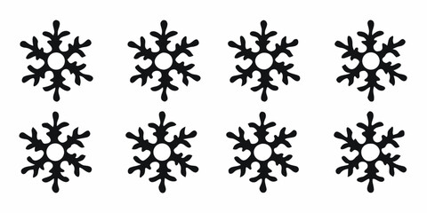 A pattern of eight identical black snowflakes on a white background