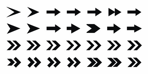 Fototapeta premium Collection of black arrow icons pointing to the right in various styles and sizes on a white background