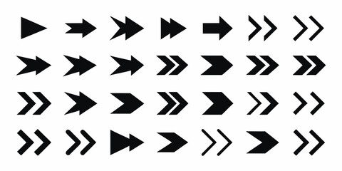 Collection of black directional arrows in various styles and sizes on a white background