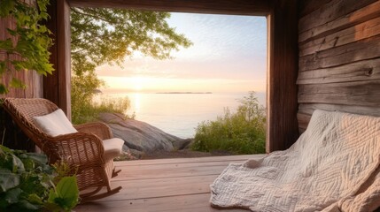 Serene lakeside retreat at sunrise featuring rustic wooden cabin and cozy hammock