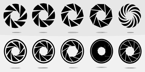 Collection of abstract circular aperture diaphragm icons with geometric shapes and swirling patterns
