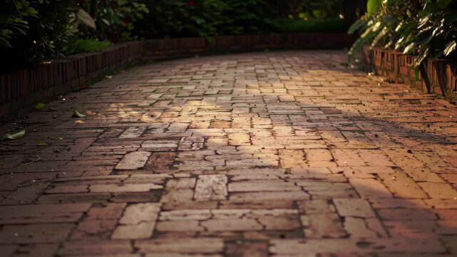 Brick walkway through lush garden with dappled sunlight