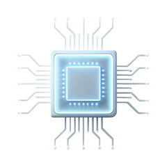 Glowing blue microchip processor isolated on transparent background