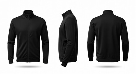 Black Zip-Up Jacket Mockup Three-Quarter Views.
