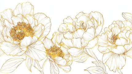 Elegant vector line art of a golden peony flower on a white background. An exquisite, naturally occurring blossom with a texture reminiscent of gold foil. Illustrations for banners, covers, wallpaper,