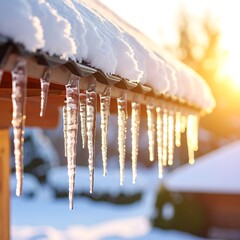 Icicles hanging from snowy roof