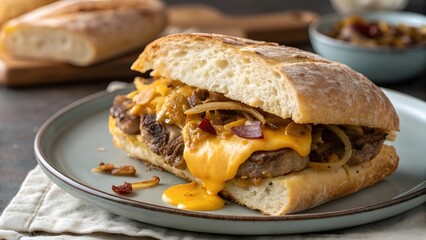 Rustic Classic Beef And Cheese Breakfast Ciabatta Loaded With Melted Cheddar, Creating A Hearty Morning Sandwich That Combines Comforting Flavors With Gourmet Fresh-Baked Goodness
