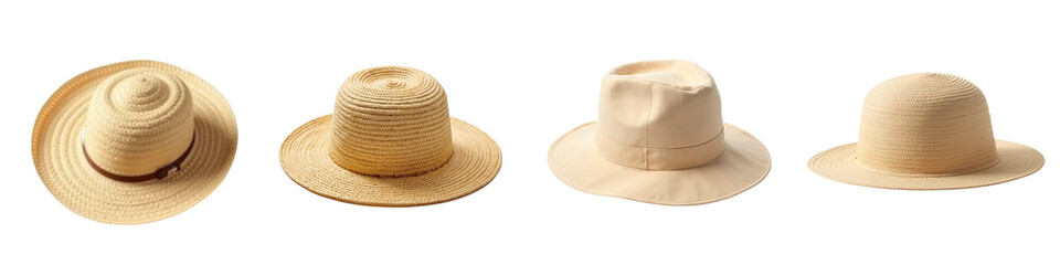 Set of straw hats in various styles on transparent background