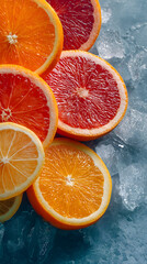 Citrus fruit background of fresh orange, grapefruit, and lemon halves