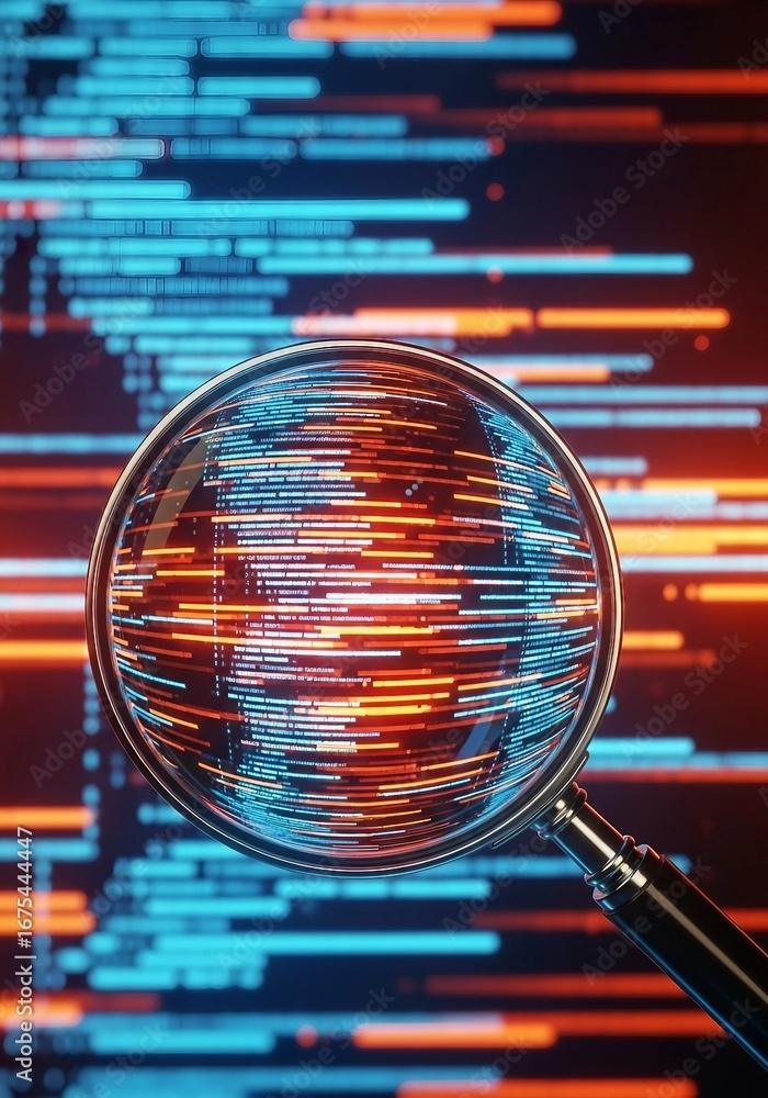Poster magnifying glass over digital code stream | cyber security inspection and data analysis for tech sta