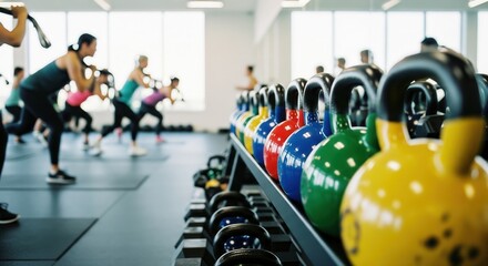 Row of colorful kettlebells with fitness class in background