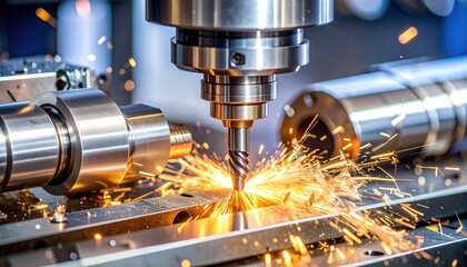 CNC Machine Drilling Metal with Sparks Flying, and Industrial Process.