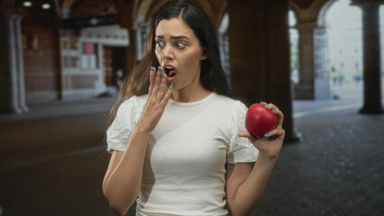 Woman holds shiny red apple with extended right hand near brick building; disgust reaction...