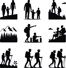 Obraz premium Families Hiking Together Silhouette Vector Icon Design Family Adventure Outdoors – Hiking Silhouette Icon Set