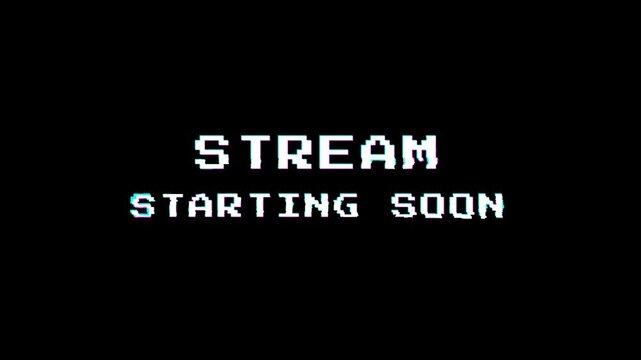 Streaming starting soon animation with glitch effect on black background. 4K Video